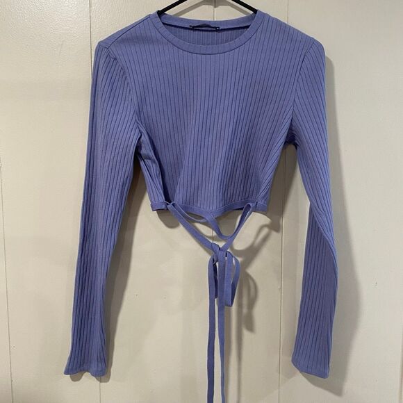 ZARA Ribbed Lavender Tie Front Long Sleeve Crop Top Women’s Size Large - Picture 1 of 3